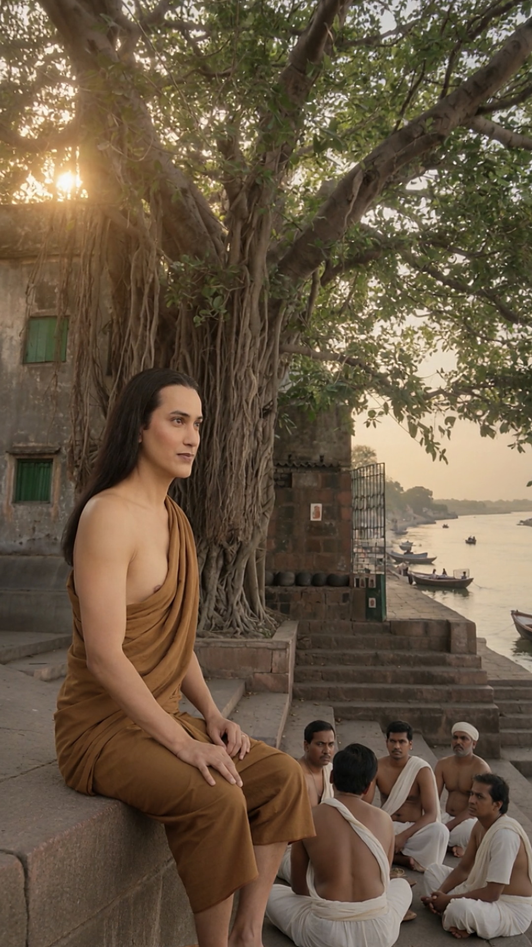 Babaji bajo el árbol junto al Ganges