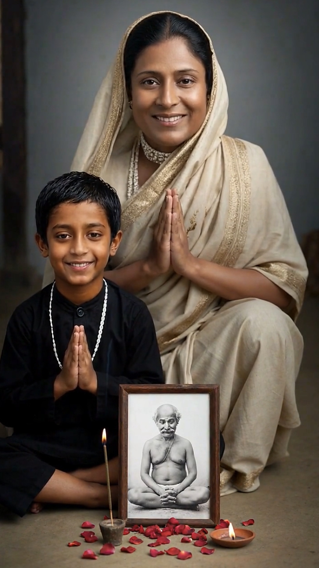 Mukunda (Paramahansa Yogananda) y su madre, rezando a Lahiri
