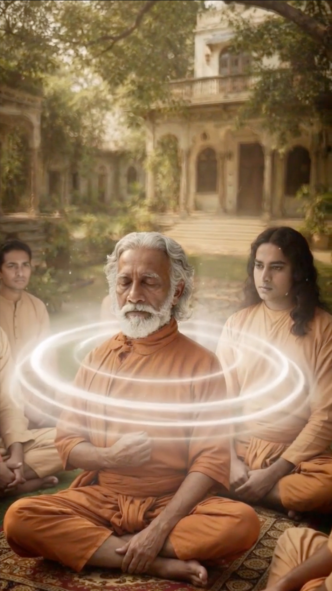 Sri Yukteswar y sus discípulos meditando en la ermita